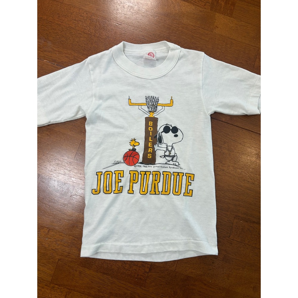 Vintage Artex Joe Purdue T-Shirt Kids S 6-8 White Snoopy Peanuts Boilers 70s